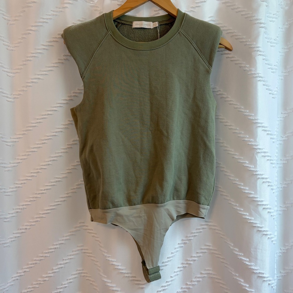 Jonathan Simkhai Standard Sage Green Padded Shoulder Organic Cotton Bodysuit XS